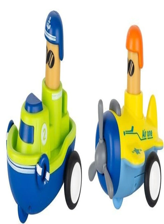 GoldiMec Pack of 2 Toy Cars Push and Go Play Set Friction Powered Car Pull Back Vehicles Transport Tools Gifts for Babies Toddlers Kids Boys Girls Age 3+ Years Old (Airoplane and Boat) Multi Colour - Image 1